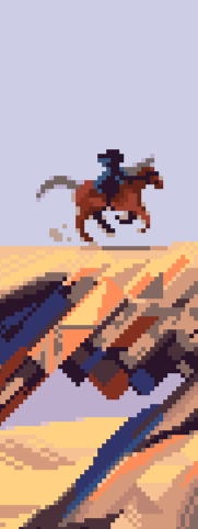 Person riding horse over desert rock